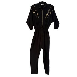 Vintage Rio Inc Black Jumpsuit Womens 80s Studded Embellished Batwing Sleeve Zip